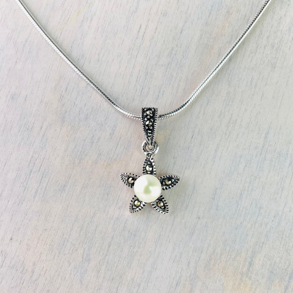 Oxidised Silver, Pearl and Marcasite Star Pendant.