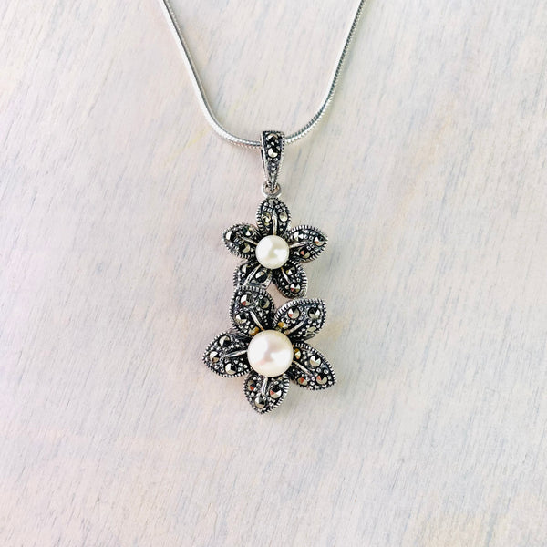 Double Drop Silver, Marcasite and Pearl Flower Pendant