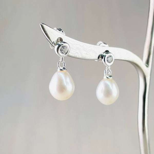 Pearl , CZ and Sterling Silver Drop Earrings by JB Designs.