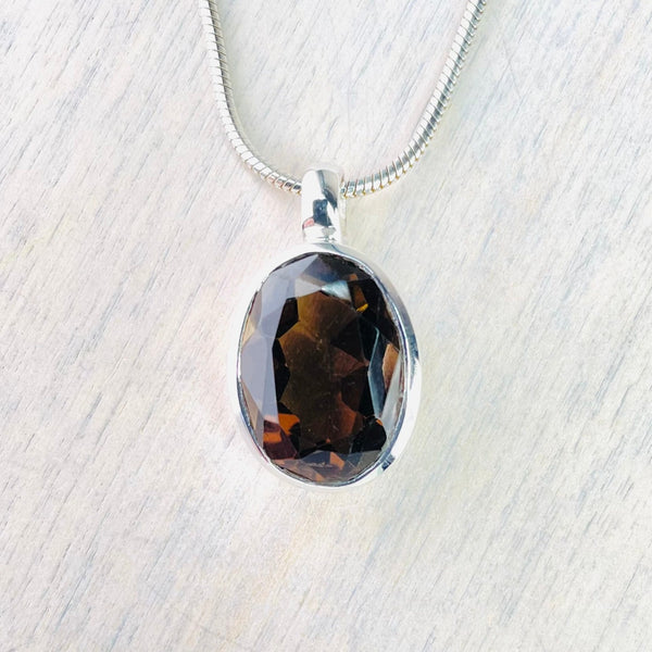 Oval Smokey Quartz And Sterling Silver Pendant