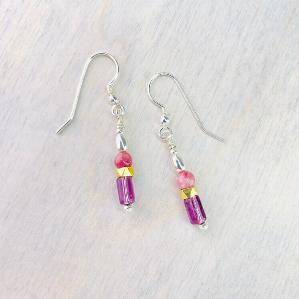 Tourmaline, Amethyst and Silver Beaded Earrings by Emily Merrix.