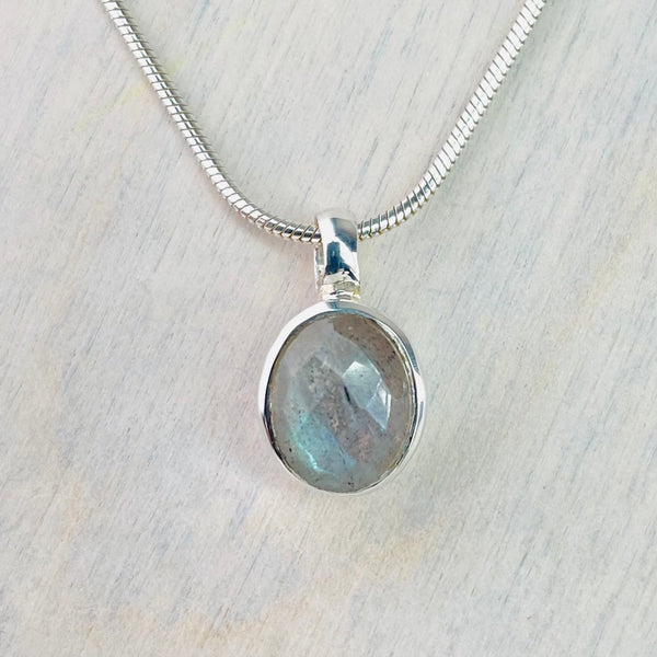 Small Oval Faceted Labradorite And Sterling Silver Pendant