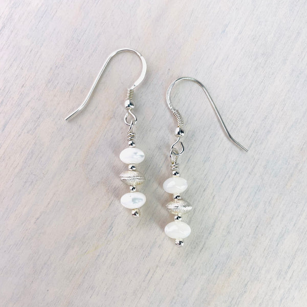 Silver and Mother of Pearl Bead Drop Earrings by Emily Merrix.