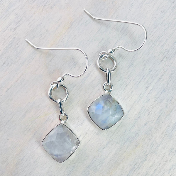 Off-Set Square Moonstone And Silver Drop Earrings