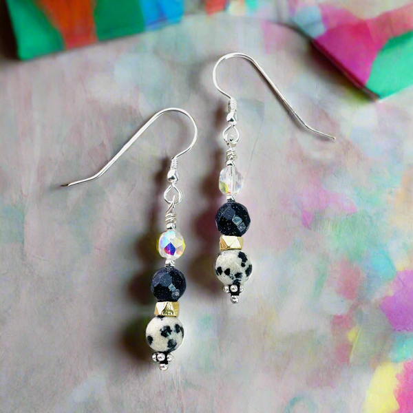 Blue Goldstone, Dalmation Jasper, Crystal and Silver Beaded Earrings by Emily Merrix.