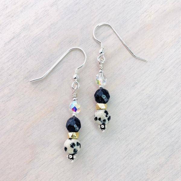 Blue Goldstone, Dalmation Jasper, Crystal and Silver Beaded Earrings by Emily Merrix.