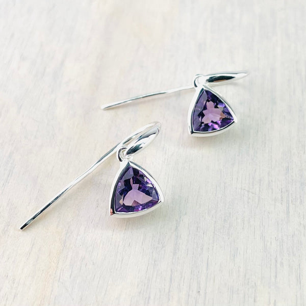 Sterling Silver and Amethyst 'Trillion' Drop Earrings by JB Designs.