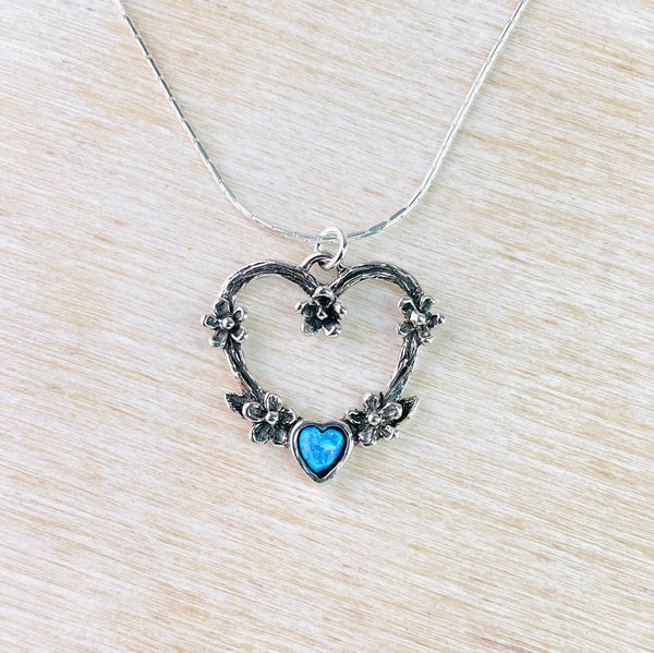 Oxidised Sterling Silver and Opal Heart Pendant.