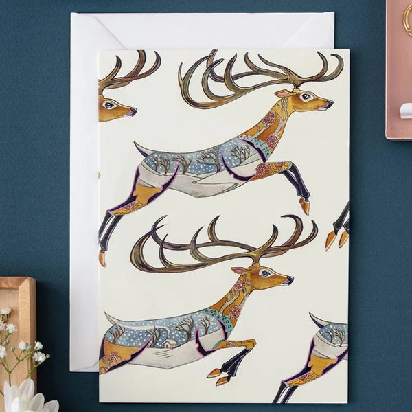 'Leaping Reindeer' Blank Christmas Greetings Card by DM Collection.