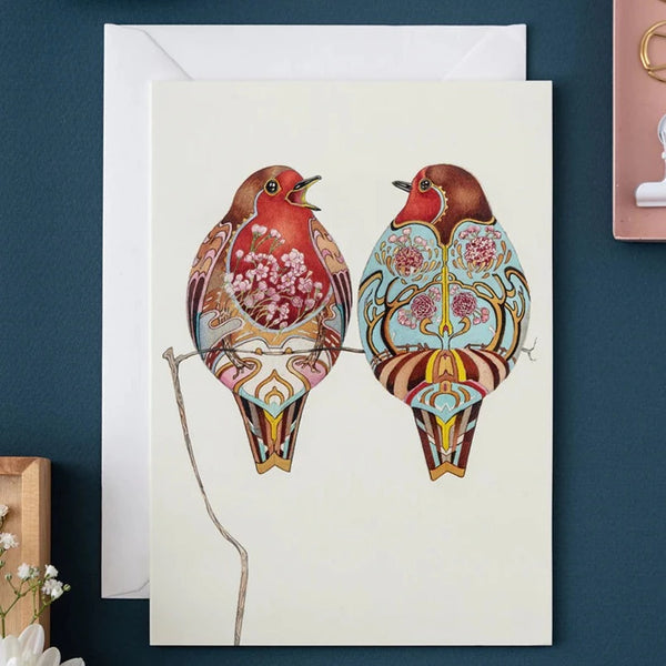 ' Robins Chatting' Blank Greetings Card by DM Collection.