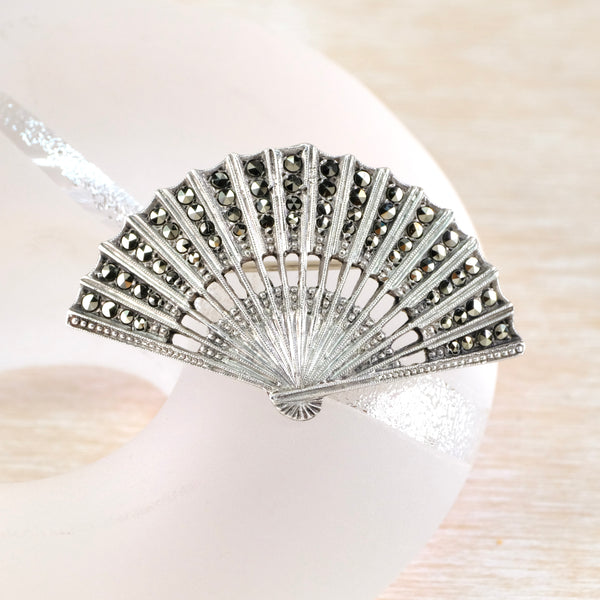 Vintage Sterling Silver and Marcasite Fan Brooch.