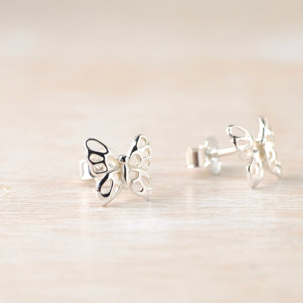 Open Pattern Sterling Silver Butterflies Stud Earrings.