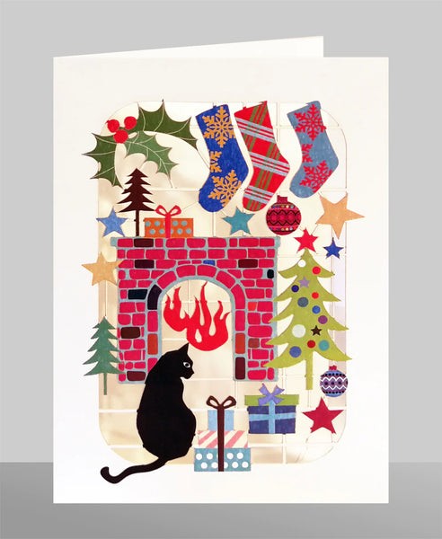 "Cat In Front Of The Fire" Laser Cut Christmas Card.