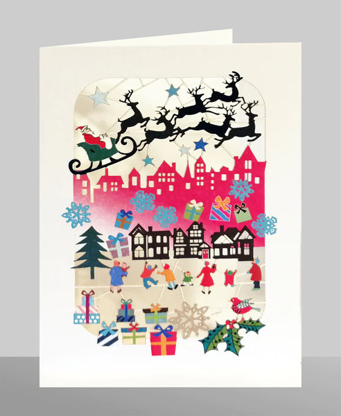 "Santa Flying Over The Rooftops"  Laser Cut Christmas Card.