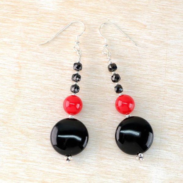 Vintage Beads with Silver, Black Onyx and Faceted Spinel Drop Earrings.