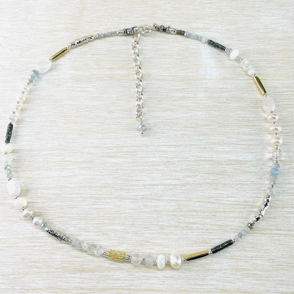 Freshwater Pearl, Rainbow Moonstone, Silver and Gold Plated Bead Necklace by Emily Merrix.