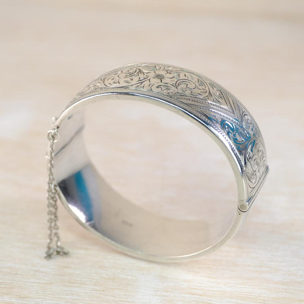 Vintage Engraved Silver Bangle Bracelet, Hallmarked in Birmingham in 1958