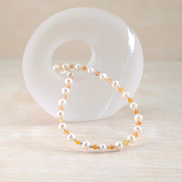 Pearl and  light translucent orange Carnelian bead necklace  with silver spacer beads