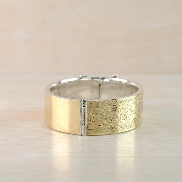 Vintage Gold on Silver Engraved Bangle Bracelet Hallmarked Birmingham 1951.