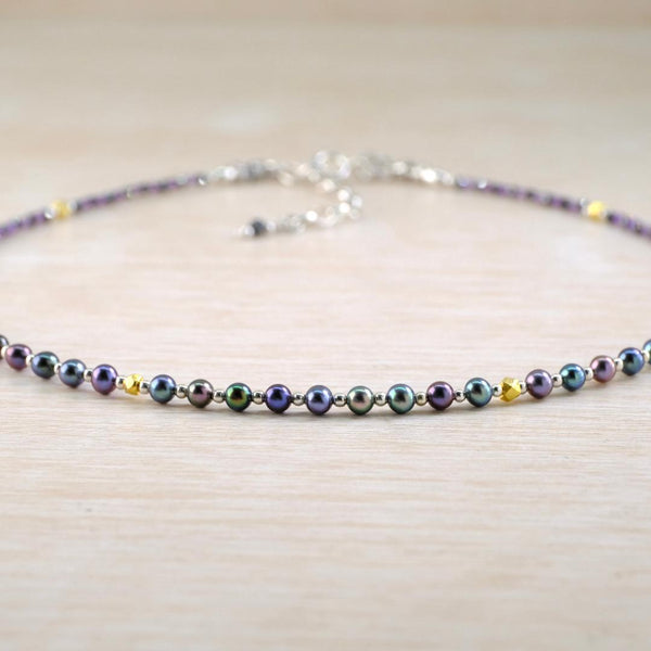 Gemstone and Silver Necklace With Amethyst, Freshwater Pearl and Spinel.