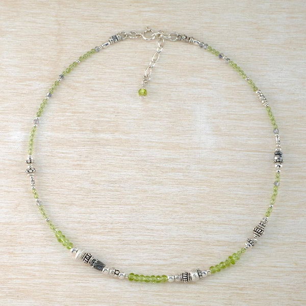 Gemstone and Silver Necklace With Peridot and Crystal.