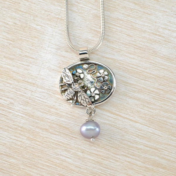 'The Birds and the Bees' Silver and Grey Pearl Pendant.