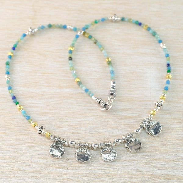 Gemstone and Silver Necklace With Silver Organic Droplets.