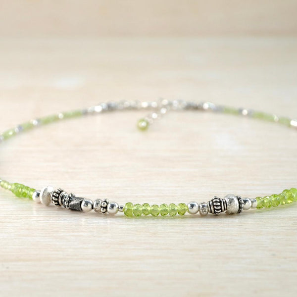 Gemstone and Silver Necklace With Peridot and Crystal.