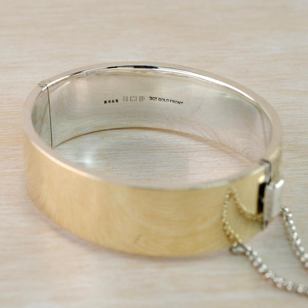 Vintage Gold on Silver Engraved Bangle Bracelet Hallmarked Birmingham 1951.