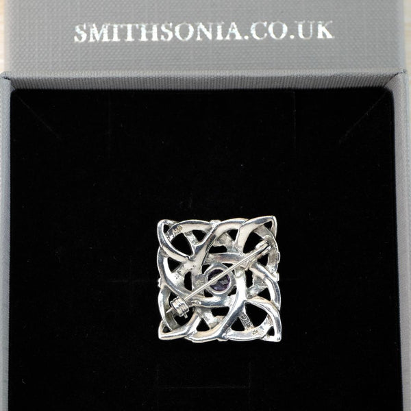 Vintage Sterling Silver and Marcasite Knot Design Brooch with Amethyst.