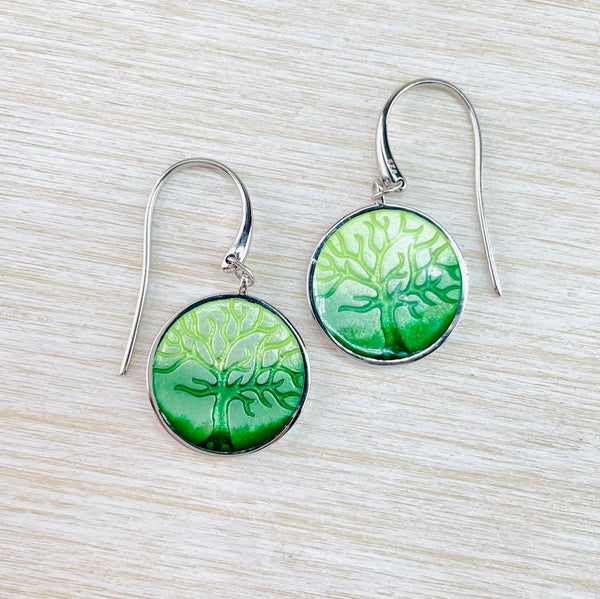 Sterling Silver and Enamel Green 'Tree of Life' Earrings by Nicole Barr.