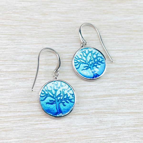 Sterling Silver and Enamel Blue 'Tree of Life' Earrings by Nicole Barr.