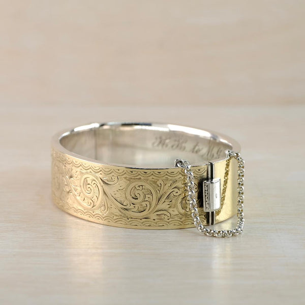 Vintage Gold on Silver Engraved Bangle Bracelet Hallmarked Birmingham 1951.