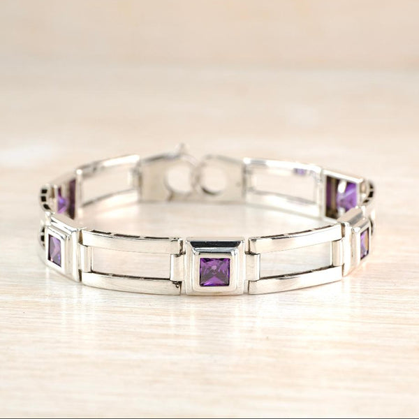 Vintage Hallmarked Sterling Silver Geometric Link Bracelet with Amethyst CZ.