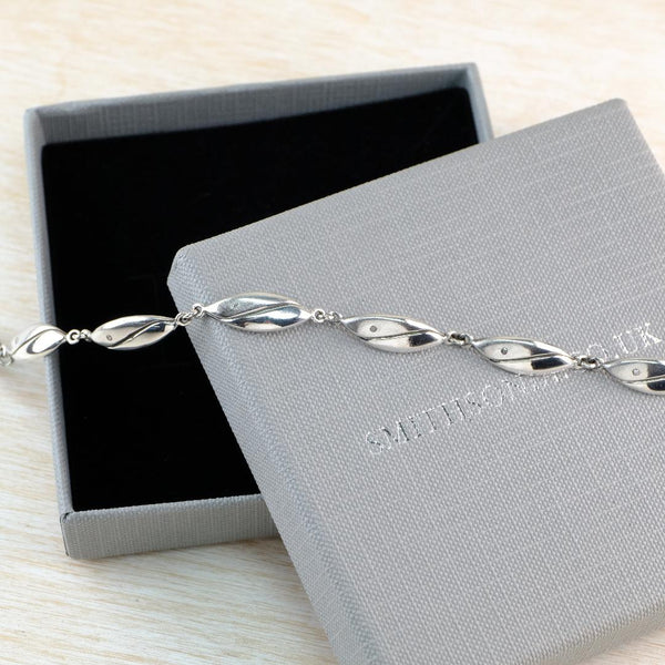 Vintage Sterling Silver Link Bracelet Set with Diamonds.