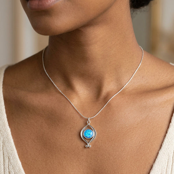 Opal and Scrolled Sterling Silver Pendant Necklace.