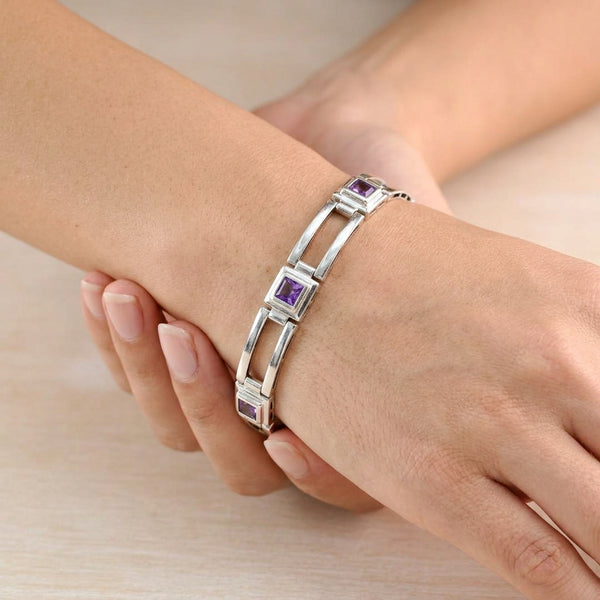 Vintage Hallmarked Sterling Silver Geometric Link Bracelet with Amethyst CZ.