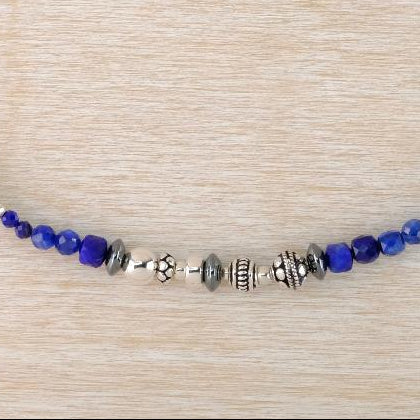 Lovely in Lapis, Decorative Silver Bead Necklace by Emily Merrix.