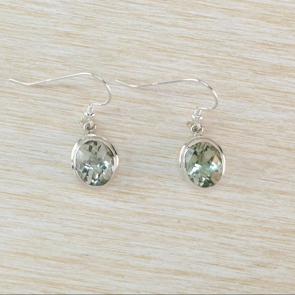 Sterling Silver and Oval Faceted Green Amethyst Drop Earrings.