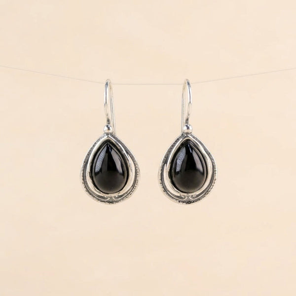 Sterling Silver and Tear Drop Black Onyx Drop Earrings.