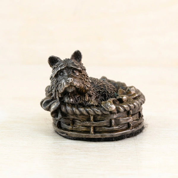 Solid Foundry Bronze Sculpture "Terrier in a Basket".