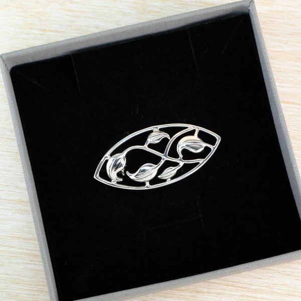 Vintage Sterling Silver Marquise Brooch in the Art Nouveau Style.