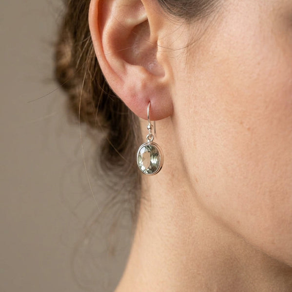 Sterling Silver and Oval Faceted Green Amethyst Drop Earrings.