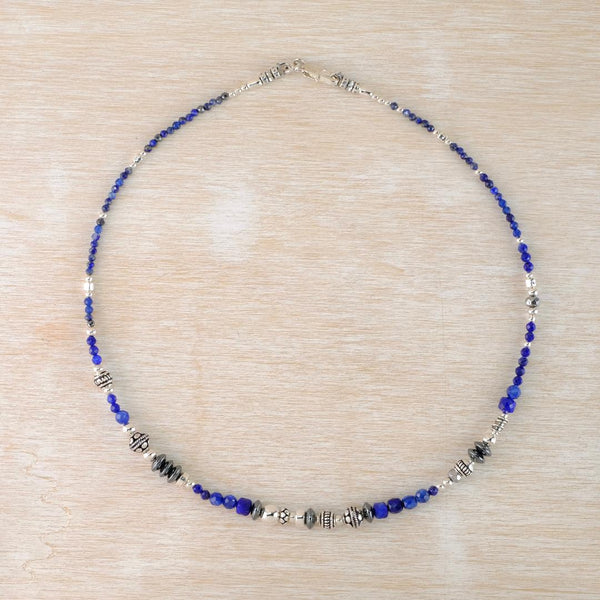 Lovely in Lapis, Decorative Silver Bead Necklace by Emily Merrix.