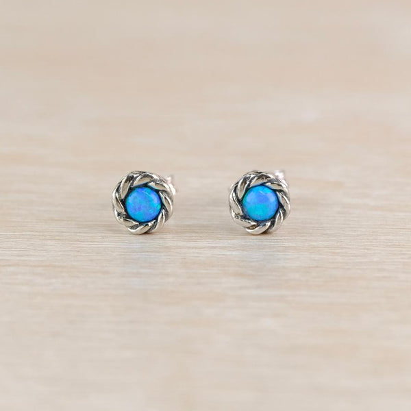 Round Sterling Silver and Opal Stud Earrings.