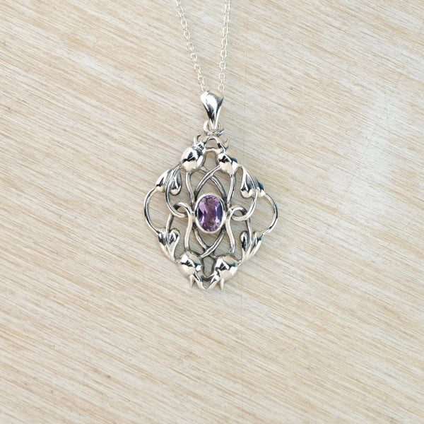 Vintage Silver Entwined Leaves Pendant with Amethysts.