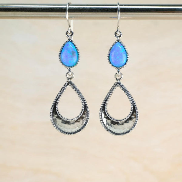 Long Double Teardrop Opal and Sterling Silver Drop Earrings.