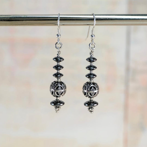 Hematite and Sterling Silver Decorative Bead Earrings by Emily Merrix.