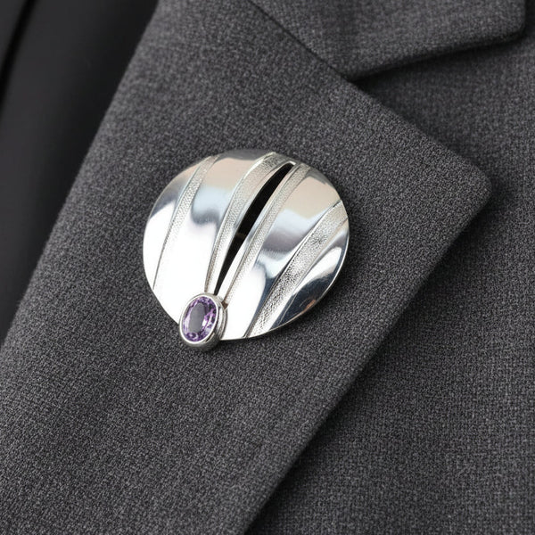 Vintage Sterling Silver Brooch Set with Amethyst.