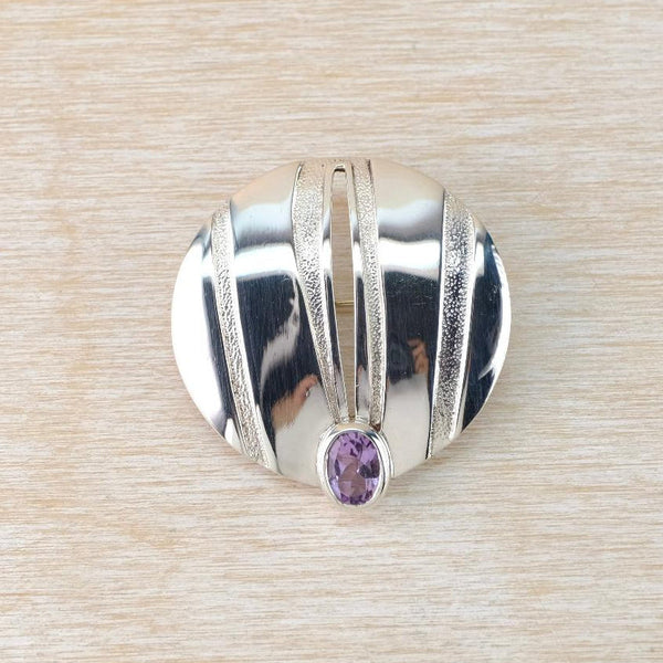 Vintage Sterling Silver Brooch Set with Amethyst.